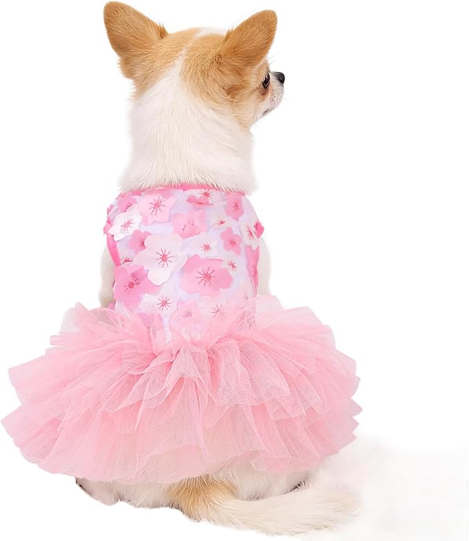 Dog Dress, Fashion Puppy Tutu Princess Dresses for Small Dogs Girl, Sweet Skirt with Dog Bowknot Clips, Spring Dog Cat Clothes Pet Apparel (Pink Floral Dress, Small)