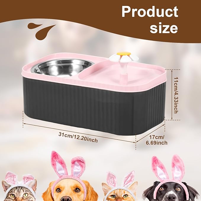 Cat Water Fountain and Food Bowl, 101oz/3L Automatic Fountain Water Bowl, Cat Food & Water Dispenser Set,Stainless Steel Dog Feeder, Pet Feeding & Watering Supplies for Pets (Pink, 1)