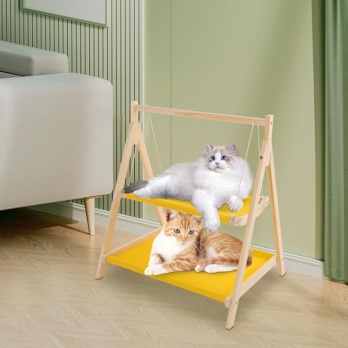 Cat Hammock Bed, Double Layer Indoor Bunk Cat Swing Bed, 28 x 22.4 x 32.3 Inch Pet Bed Washable Pet Hanging Cat Bed Elevated Cat Bed for Homes, Pet Stores, Catteries, Balconies (Yellow)