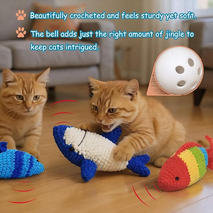 Catnip Fish Toy - Hand-Crocheted with Real Catnip & Bell, Interactive Kicker Toy for Cats Kitten, Soft & Safe for Biting