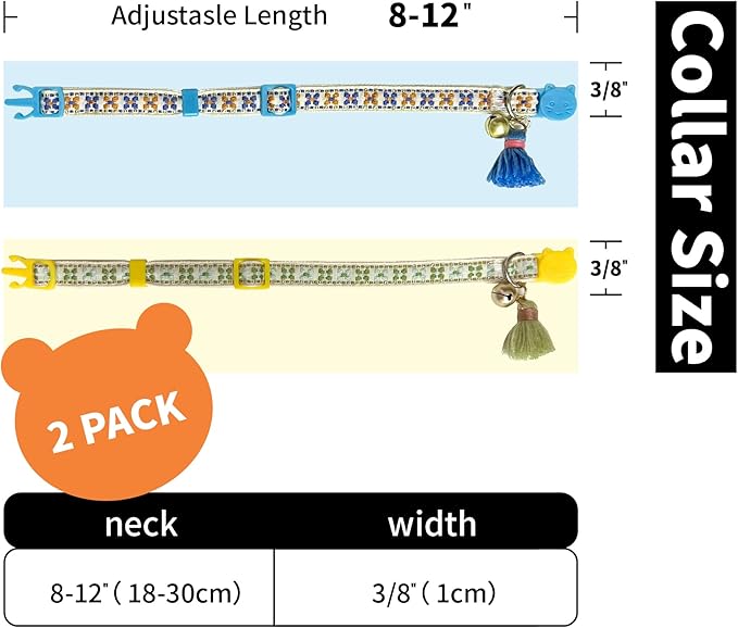 2 Pack Cat Collar Breakaway Cute Colorful Pattern for Cat Boy Girl Adjustable Length Collar with Little Bell Tassel Tribal Bohemian Pattern (2 Pack⎮Green+Blue)