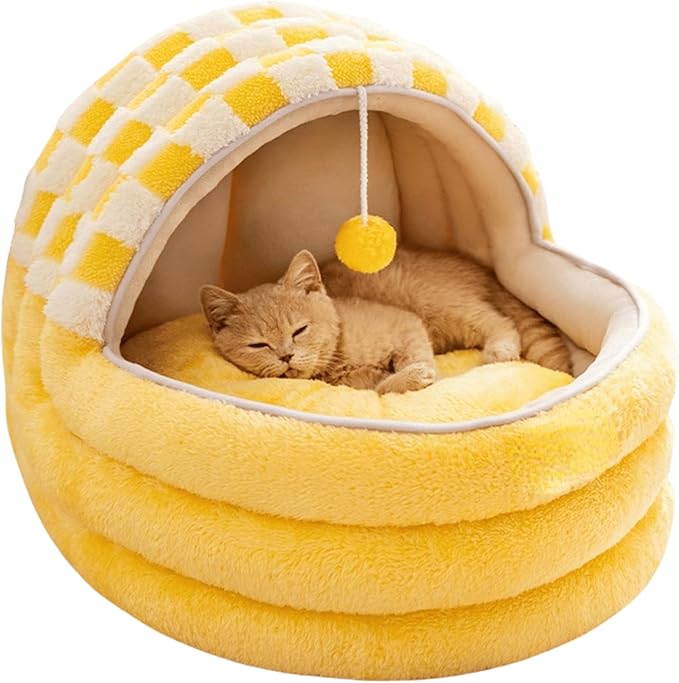 Cat Bed Cave, Cute Cat Bed for Indoor Cat, Lovely Cat Houses for Indoor Cats for Cat, Warm Cave Bed for Puppy and Kitten (Yellow,Small)