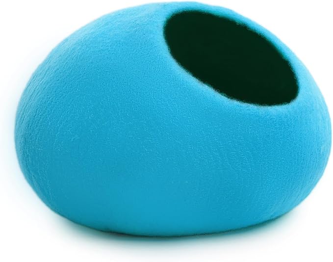 Woolygon Premium Felt Cat Cave Bed – Wool Kitty Beds Handcrafted Kitten Caves Bed for Indoor Cats - Made from Merino Wool, Foldable Cat Hideaway Covered Cat House Pod (Blue Plain)