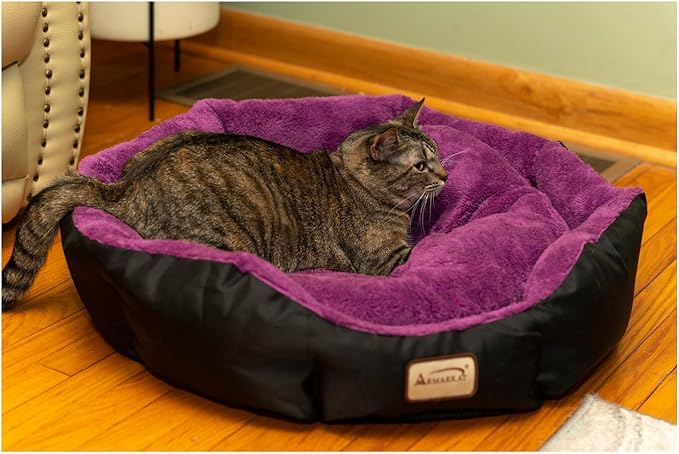 HomeStock Soft Cat Bed - Plush Velvet Round Bed, 23.5" - Bolstered Walls, Machine Washable - Mulberry/Black