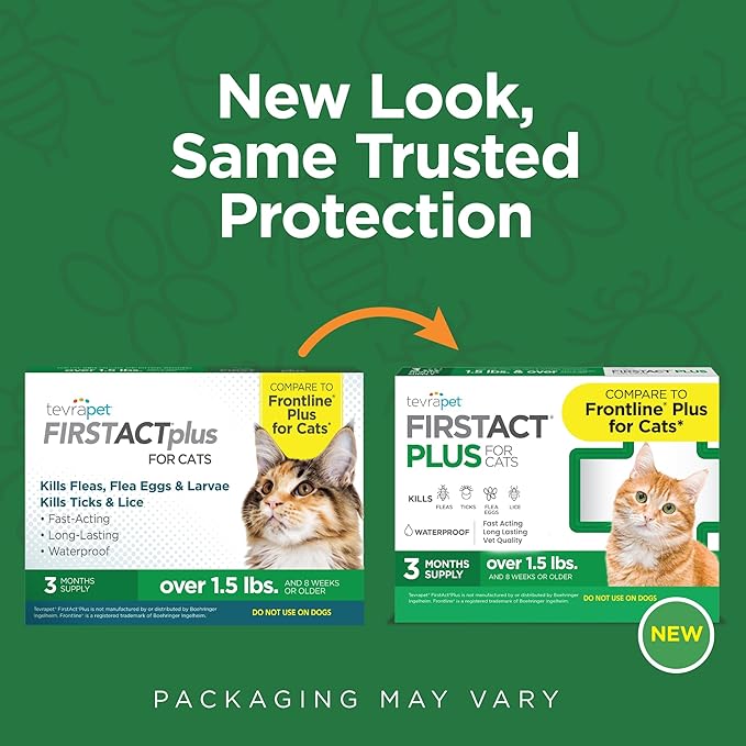 TevraPet FirstAct Plus Flea and Tick Topical for Cats over 1.5lbs, 3 Dose Waterproof Flea and Tick Control/Prevention for 3 Months