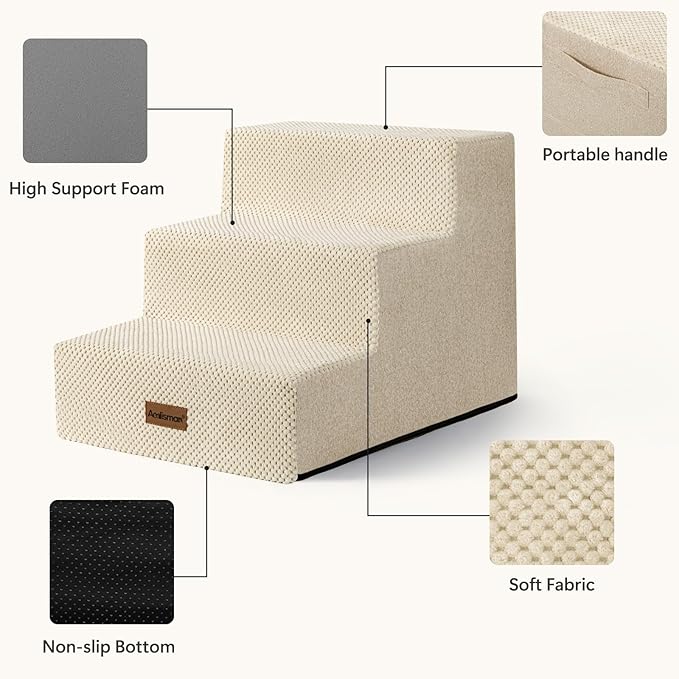 Aodisman Dog Stairs for Small Dogs, 3-Step Wider Pet Stairs for Couch and Beds, Non-Slip Dog Steps for Old Cats, Puppy, Small Medium Dogs,15.7" H,Beige