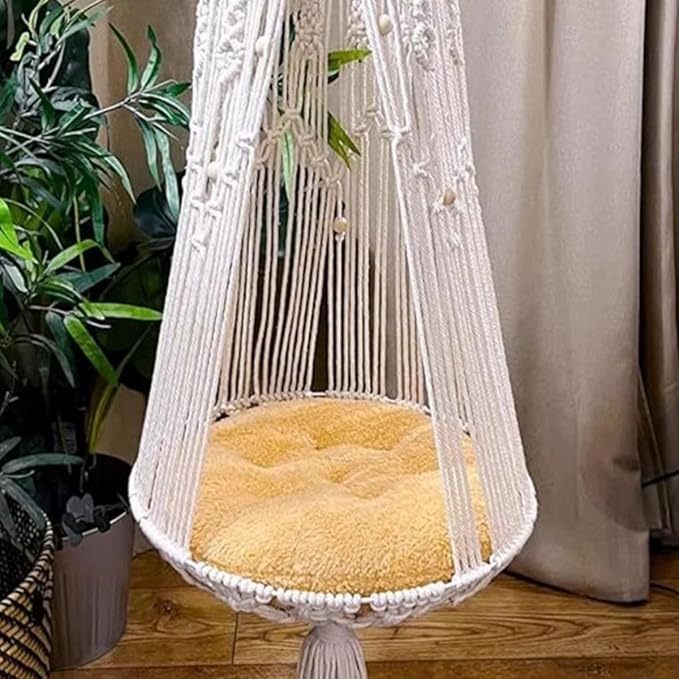 Hanging Cat Bed with Cushion - Macrame Hammock for Indoor Outdoor Home Decor, Boho Swing Cat Wall Furniture for Sleeping, Playing and Lounging