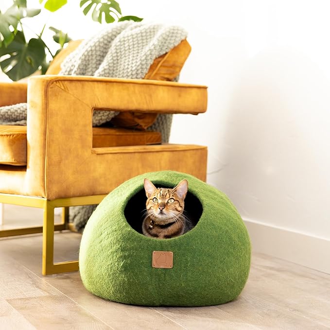 Best Aesthetic Cat Bed - Premium Felted Wool Cat Cave Bed - Cozy Peekaboo Round Cave for Large or Small Cats (Small, Forest Green)
