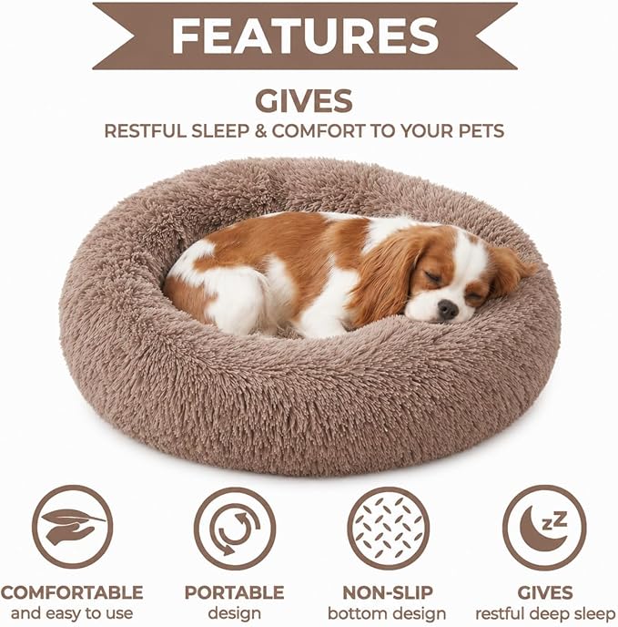 Whiskers & Friends Cat Beds for Indoor Cats, Fluffy Calming Donut Cat Bed, Small Dog Bed Washable - Orthopedic Soft Plush Pet Beds Sized for Kitten to Large Cats & Puppy to Small Dogs - Camel