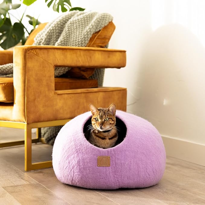 Best Aesthetic Cat Bed - Premium Felted Wool Cat Cave Bed - Cozy Peekaboo Round Cave for Large or Small Cats (Large, Lilac Purple)