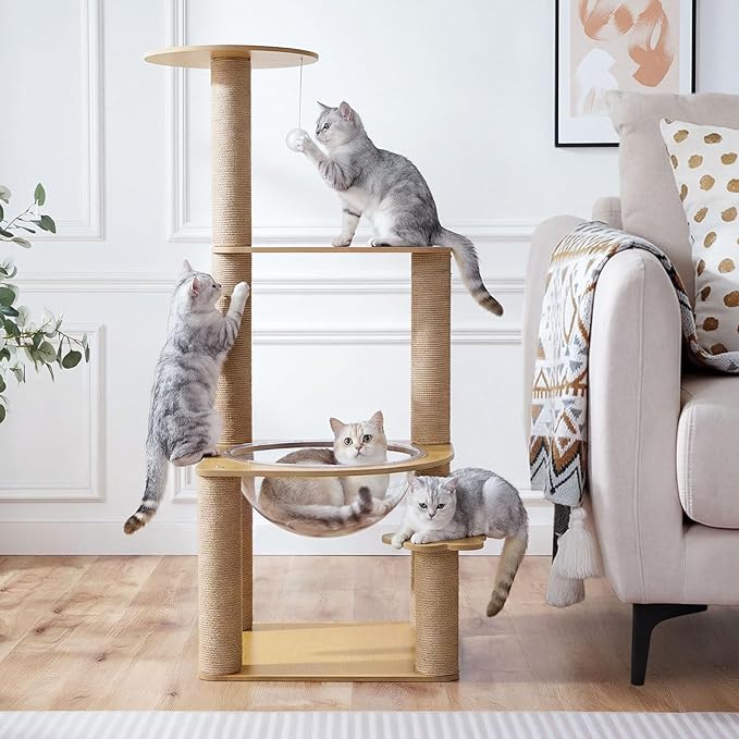 31 Inch Cat Tree,Solid Wood Cat Tree, Multi-Level Cat Tower with Cat House, Sisal Scratching Posts, Teaser Ball, Indoor Cat Condo for Active Cats for Kittens and Cats - Walnut