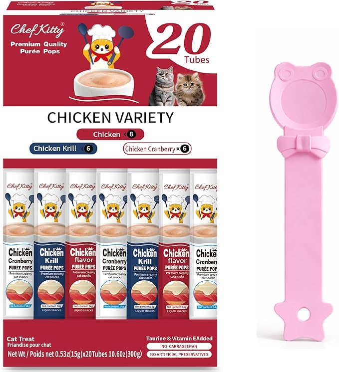 Purée Pops + Pink Feeding Spoon, Grain-Free, Lickable, Squeezable Creamy Cat Treat/Topper, 20 Tubes, Chicken Mix Variety