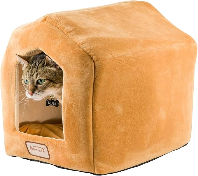 Maykoosh Cat Bed House Shape Velvet Soft Plush Cozy Pet Bed Beige & Brown