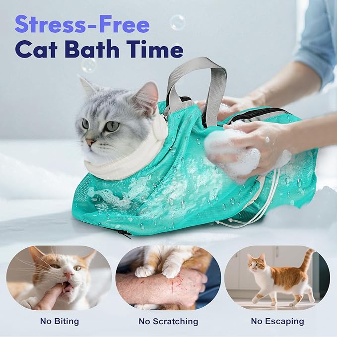 Cat Bathing Bag Anti Scratch Bite Breathable Mesh- Cat Grooming Bag for Nail Trimming, Injections, Medication, Dental Care, Vet Visits, Cats Shower Bag with Zippers,Green M
