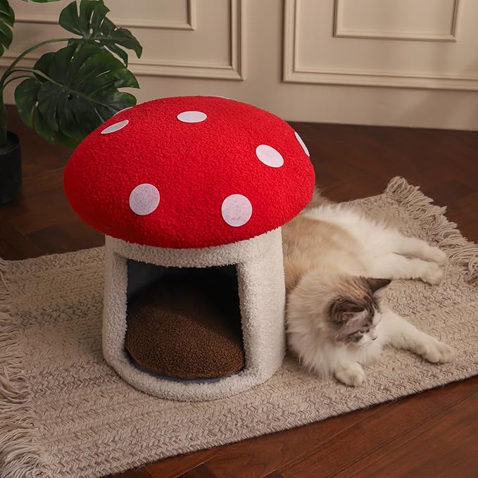 Mushroom Cow Cat Bed House for Indoor Cats & Small Dogs - Soft Cave-Style Pet Nest with Removable Washable Cushion, Plush Semi-Enclosed Cat Cave Tent, (red and White, Sturdy)