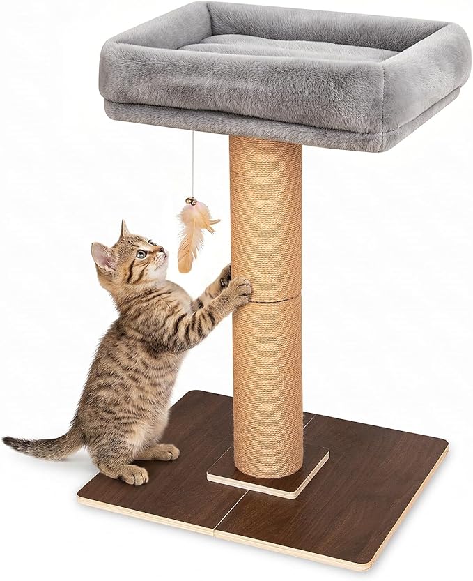 Cat Scratching Post, Retro-Style Tall Cat Scratcher Tower with Removable Gray Fluffy Cusion Perch, Natural Pine & Sisal Cat Scratcher for Indoor Cats, Large