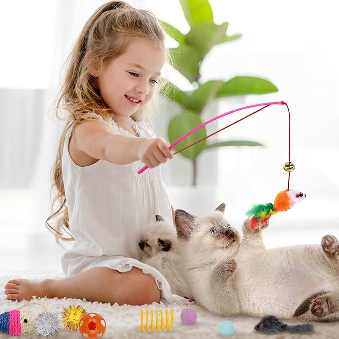 QUOZUO Cat Toys Kitten Toys Assortments, 32 Packs Interactive Cat Toy Variety Pack for Kitty, Cat Wand Toy, Cat Crinkle Balls Bell Balls with Bells, Cat Spring Toy, Catnip Toys for Indoor Cats Kitten
