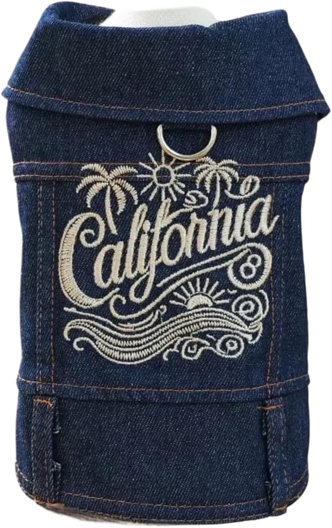 Dog Denim Vest with D-Ring, California Embroidered Jean Jacket for Small & Medium Dogs, Snap Button Puppy Clothes for Walking & Photos(XL)