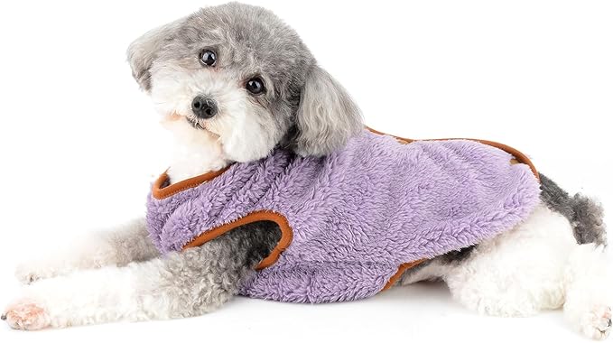 Fleece Small Dog Sweater, Solid Pet Vest with Bear Patch Elastic Soft Outfits Puppy Clothes Warm Fall Winter Apparel for Cat Chihuahua Yorkie,Purple,S