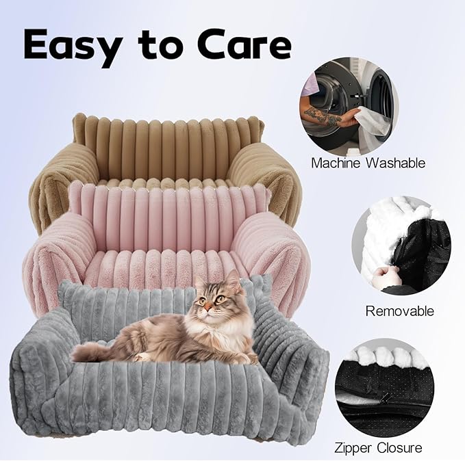 Cat Couch for Pets - Cute Cat Beds for Indoor Cats with Removable Cover, Washable Soft Corduroy Plush, Fluffy Supportive Pet Sofa Chair for Small Dog & Cats, 30 inch Grey