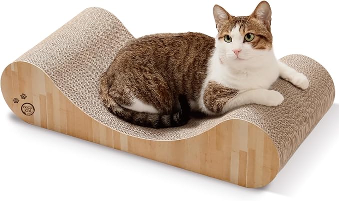 Necoichi Cardboard Cat Scratcher Bed for Indoor Cats - Cat Scratching Board, Horizontal Cat Scratch Pad Lounger with Reversible Usability and Extra Comfort for Lounge, Curved (23" Large, Oak)