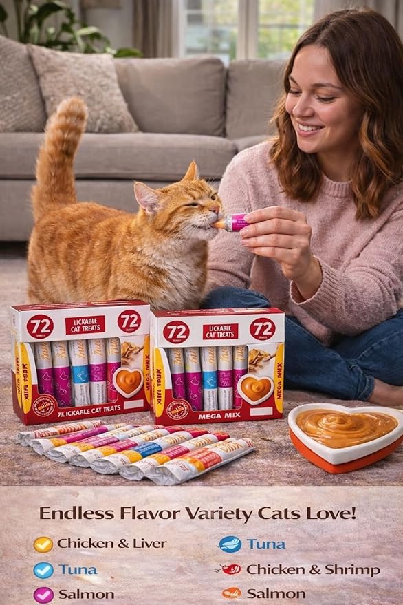 Lickable Cat Treats Squeeze Tubes 144 Pack | Grain-Free High-Protein Creamy Snacks | Chicken Tuna Salmon Beef Variety | All Life Stages Cats & Kittens