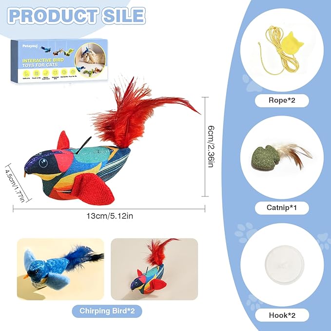 2-Pack Realistic Chirping Bird cat Toy - Soft Interactive Plush Bird Toy Infused with Catnip，Cat Enrichment Toys for Indoor Cats(Physical Sound, RedGreen)
