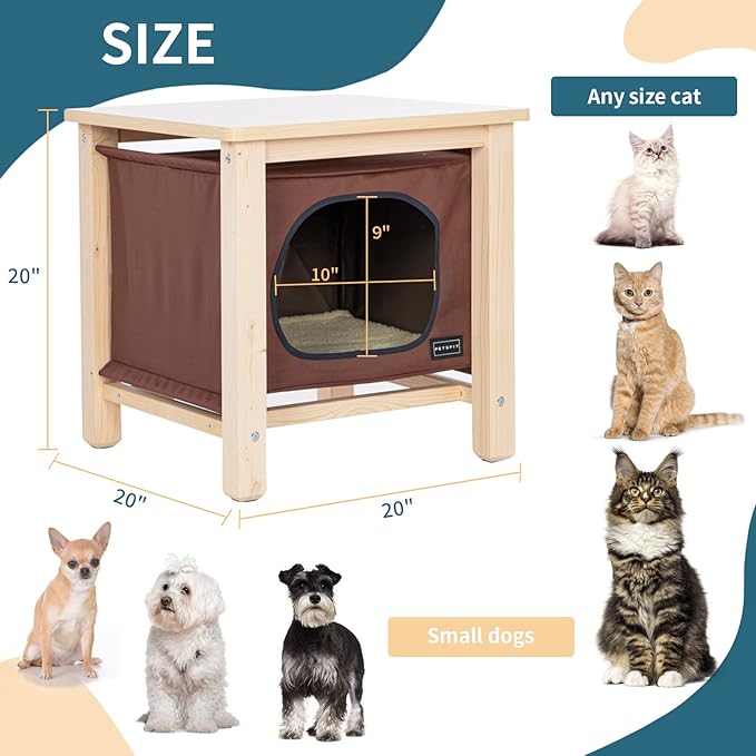 Petsfit Modern Indoor Cat House Furniture for Cats, Nightstand-Style Pet Bed with Removable Oxford Cloth Cover, Hanging Cat Cave with Thickened Top for Living Room/Bedroom Wooden Brown