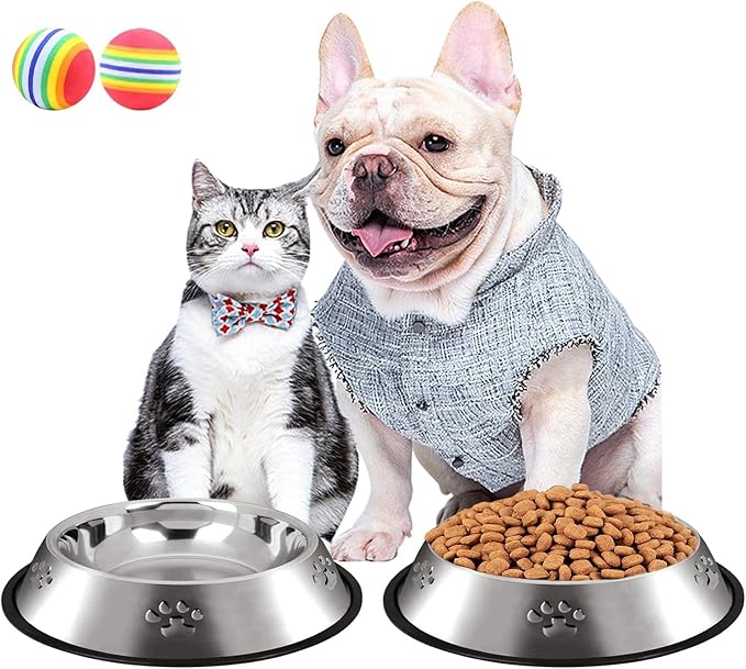 CAQ Dog Cat Bowls Stainless Steel Small Cat Dog Food Water Bowl for Indoor Stackable Pets Puppy Dish Non-Slip Removable Rubber Base Set of 4