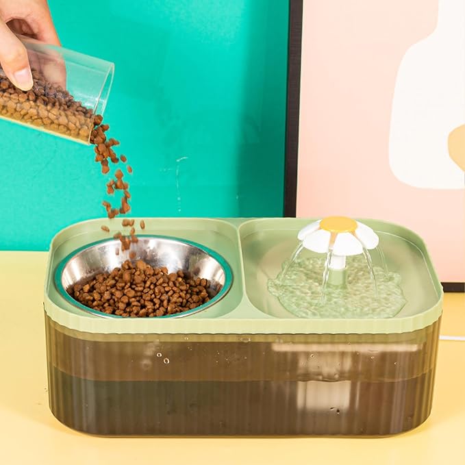 Cat Water Fountain and Food Bowl 2-in-1 Automatic Pet Water Dispenser with Flower Smart Pump USB Cat Waterer Fountain Cute Cat Food and Water Bowl Set for Cats Kitty Dogs Multiple Pets(Green)