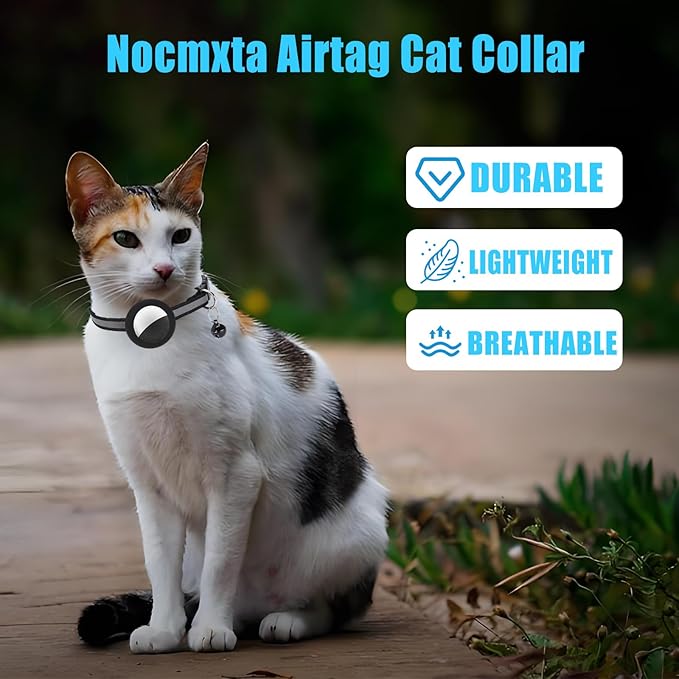 Reflective Cat Collar Fits for AirTag Holder, Breakaway Safety Buckle, Bell & Adjustable Strap for Cats Kittens - Compatible with Apple AirTag, Anti-Lost Pet Tracker Collar,Black
