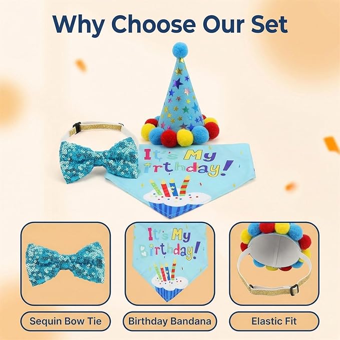 Pet Birthday Party Set with Hat and Bandana for Dogs and Cats with Star Pattern Design, Adjustable Sequin Bow tie Accessories, Blue Birthday Boy Scarf (Blue)