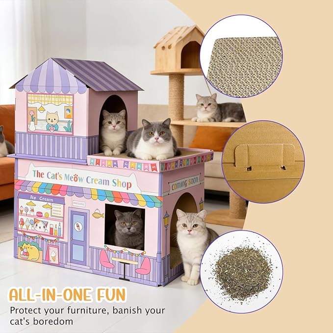 Cardboard Cat House for Indoor Cats, Double Layer Cat Scratcher House for Large Kitty Rabbit Bunny, Scratch & Sleep 2 in 1 Design, Durable & Easy to Assemble Scratching Bed (Ice Cream Shop)