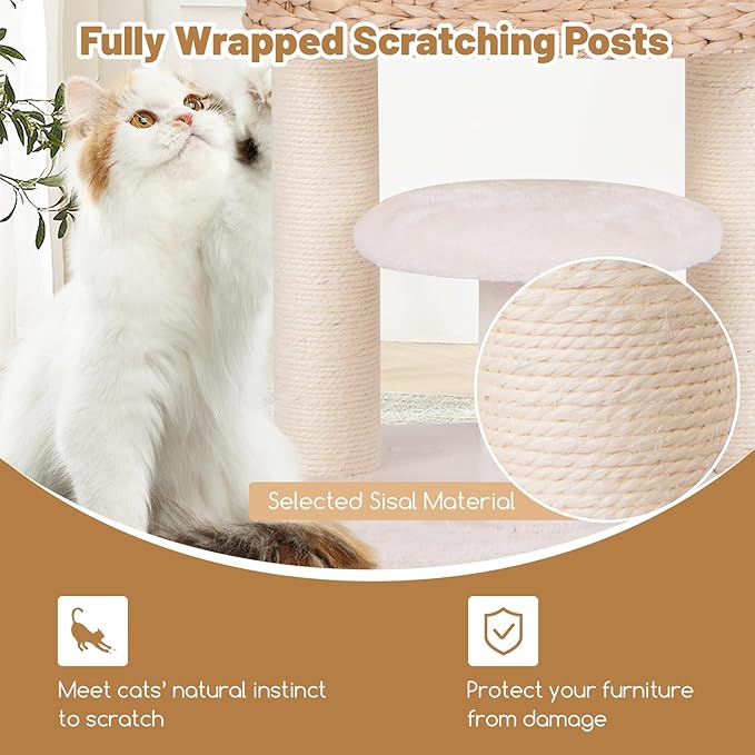 Tangkula Modern Cat Tree, 41 Inch Multi-Level Cat Tower with Cattail Fluff Condo & Top Perch, Hanging Toy, Bed, Removable Cushion, Sisal Scratching Posts for Indoor Cats, Natural