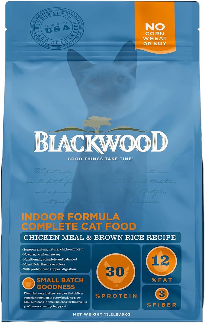 Blackwood Dry Cat Food, Indoor Formula, Chicken Meal & Brown Rice Recipe, 13.2 Pound Bag, High Protein, Slow Cooked