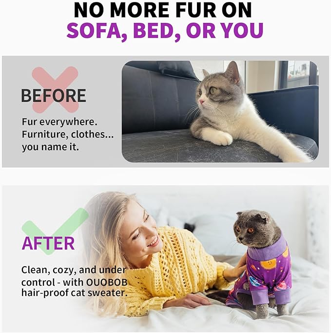 Sticky Hair Cat Clothes, Anti-Shedding Cat Pajamas, Post-Surgery Recovery Onesie, Soft Breathable, Prevents Licking & Scratching Wounds, Warm Cats Sweater, Sphynx Cats Clothing- Purple XL