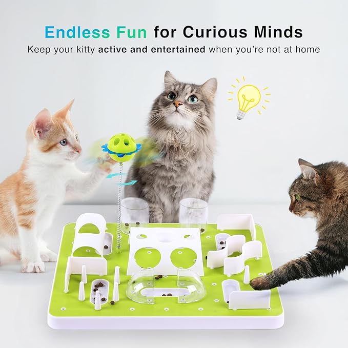 ALL FOR PAWS Interactive Cat Puzzle Feeder, Slow Feeder with Teaser Ball, Treat Maze Feeder & Brain Toy, Mentally Stimulating Enrichment Toy for Kittens & Indoor Cats