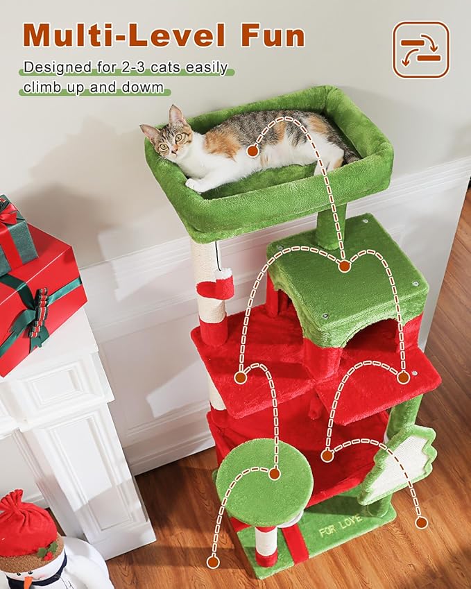 MUTTROS Cat Christmas Tree for Indoor Cats – 56.3“ Cat Proof Christmas Tree Tower with Large Hammock, 3 Scratching Posts & 3 Christmas Toy Balls – Holiday Cat Tree with Festive Decor, Christmas Red