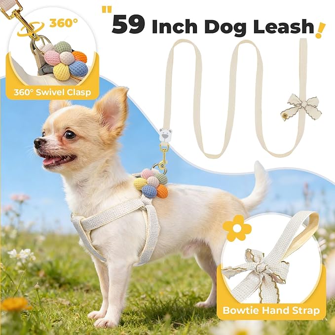 PETCARE Cute Flower Dog Harness and Bowtie Leash Set Easy Walk Puppy Dog Halter Harness for Small Dogs Girl Step in Dogs Harnesses with Buckle (White, Chest Adjustable 13"-20", Rope Width 0.79")