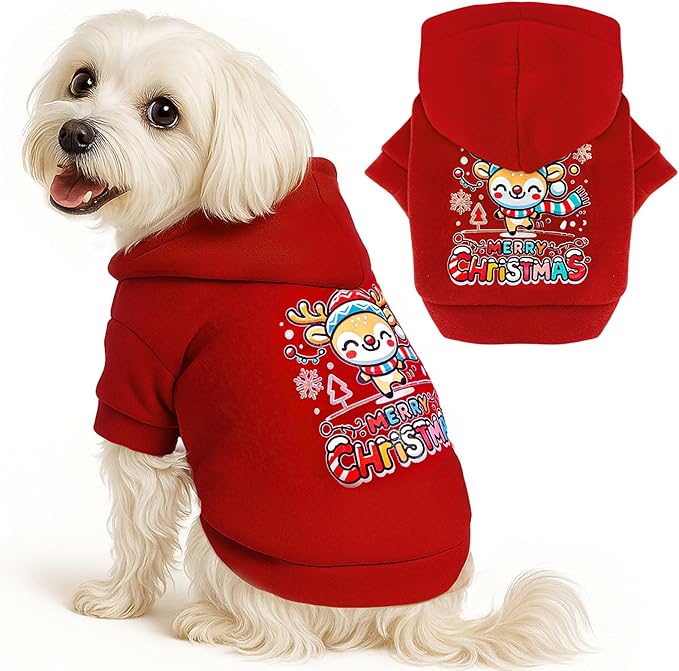 ABRRLO Small Dog Hoodie Clothes Red Christmas Dog Outfit Warm Fleece Dogs Sweater for Small Dogs Cat Boy Girl Cute Puppy Sweatshirt with Leash Hole Xmas Doggy Costume Chihuahua Yorkie(Xmas Deer,L)