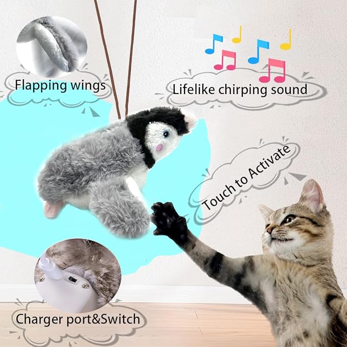Flapping Chirping Bird Cat Toy(Non-Flying), USB Charging,Touch Activated Plush Toy,Simulates Bird Wing Flapping and Sounds, for Cats,Dogs & Small Pets (Large, Penguin)