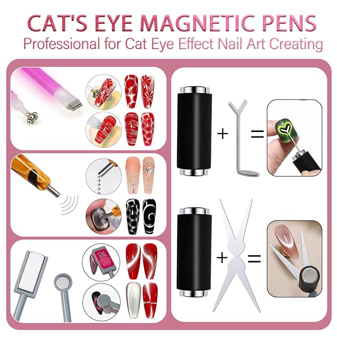 8pcs Cat Eye Nail Tools – Magnetic Pen, Cylindrical Magnets, Scissor & Y-Shaped Plates for French Heart Cat Eye Effect