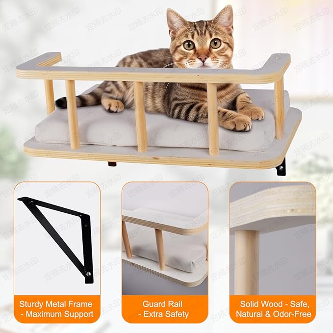 Large Cat Wall Shelves with 5 Steps - Heavy Duty Cat Wall Furniture, Climber, Shelves & Perches with Comfy Cushion & Guardrails, Space-Saving for Indoor Cats(Grey)