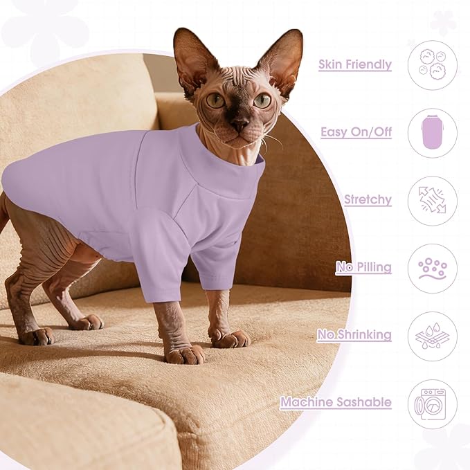 Sphynx Hairless Cat Clothes, Soft Cotton Pullover Turtleneck Shirt with Sleeves for Kitten Puppy Small Dogs, Cat Pajamas for All-Season - Purple XXL