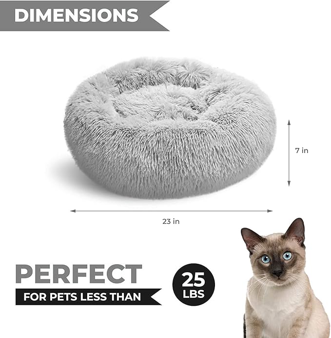 Whiskers & Friends Cat Beds for Indoor Cats, Fluffy Calming Donut Cat Bed, Small Dog Bed Washable - Orthopedic Soft Plush Pet Beds Sized for Kitten to Large Cats & Puppy to Small Dogs, Light Grey 23''