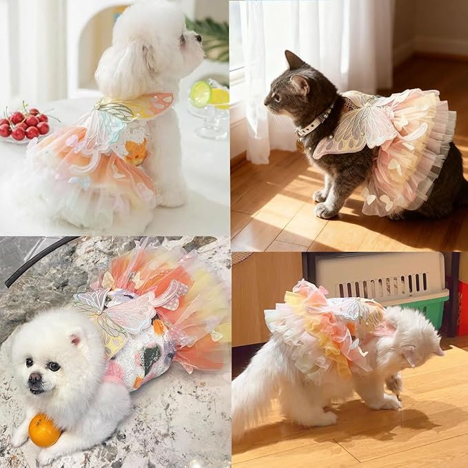 Butterfly Fairy Dog Dress with Wings, Rainbow Tulle Tutu Costume for Small Dogs Cats Rabbits, Adjustable Princess Pet Outfit for Halloween Christmas Easter Birthday(Colorful-Butterfly, X-Large)