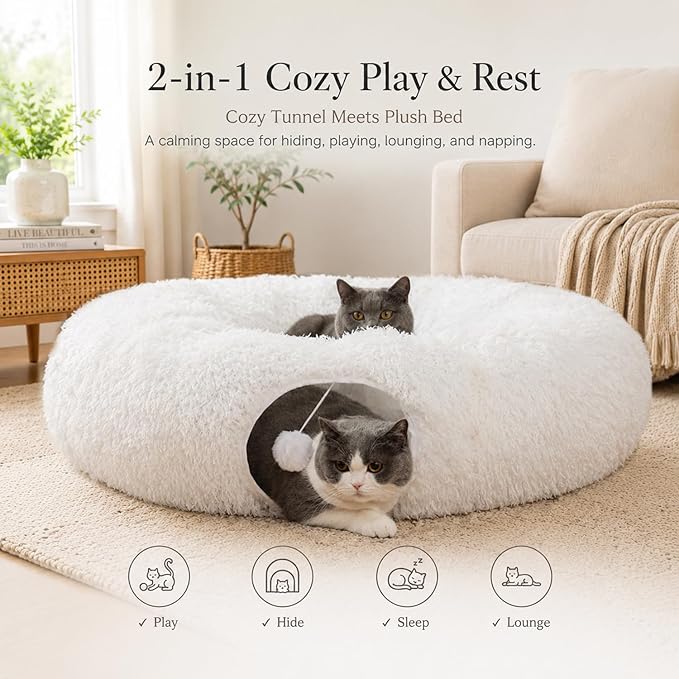 Feather Fluffy Plush Cat Tunnel Bed Big Tube Playground Toys 3 FT Diameter Longer Collapsible, for Indoor Cat Kitty Kitten Puppy Rabbit Ferret Snow White