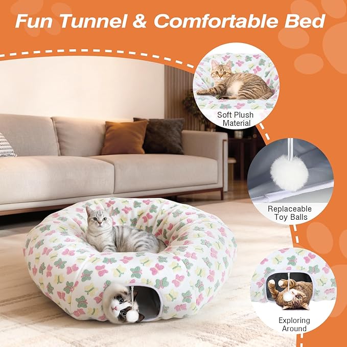 Cat Tunnels for Indoor Cats, 35'' Plush Cat Tunnel Bed with Playful Ball and Circle Cushion, Multifunctional Peekaboo Cat Cave, Interactive Toy Gift for Cats, Kittens, Rabbits,WhiteButterfly