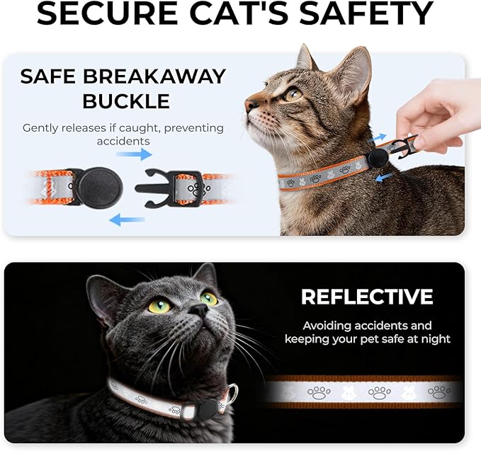 Cat Collar Breakaway, Reflective Kitten Collar with Bell, Safety Buckle Kitten Collar, Lightweight, Adjustable, Comfortable, Suitable for Boy Girl Cats (7"-13") Orange