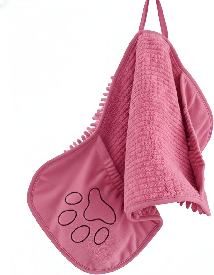 Super Absorbent Dog Drying Towel - 24.4''x10'' Chenille Microfiber Pet Bath Towel with Dual Hand Pockets, Quick Dry Soft Grooming Towel for Small Medium Large Dogs and Cats, Machine Washable (Pink)